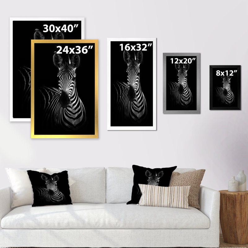 Zèbre en noir et blanc - reproduction d'art sur toile, Cadre photo noir, H 32 po x l 16 po x P 1 po
