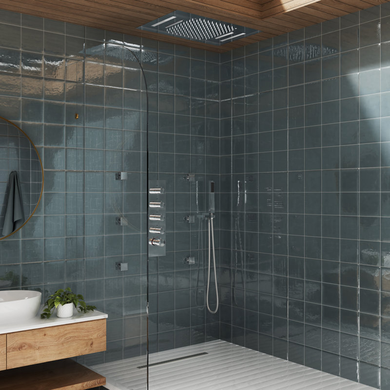 Brushed Gold Large Dual Rectangle Ceiling Mounted Shower System with LED and Bluetooth