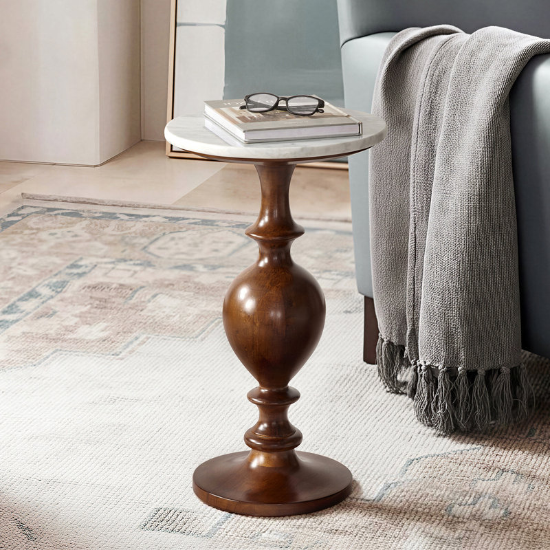 Burdine 24"H Traditional Soild Wood End Table wtih Natural Marble Top, Walnut