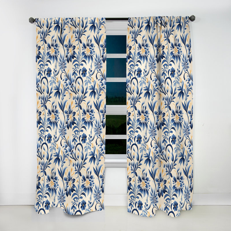 Blue And Beige Ethnographic Damask Floral Motif - Bohemian Curtain - Velvet Room Darkening - 1 Panel, 52" W x 108" L