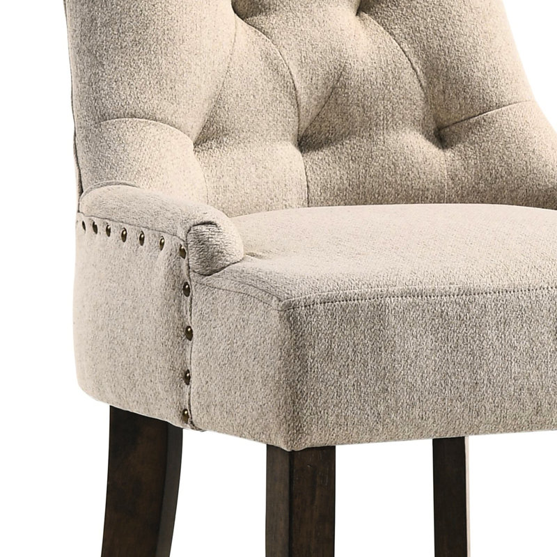 2 chaises latérales à dossier beige, ensemble de salle à manger classique, pieds en bois d'hévéa, rembourrage en mousse, rectangulaire, touche de couleur chêne vieilli, finition en bois