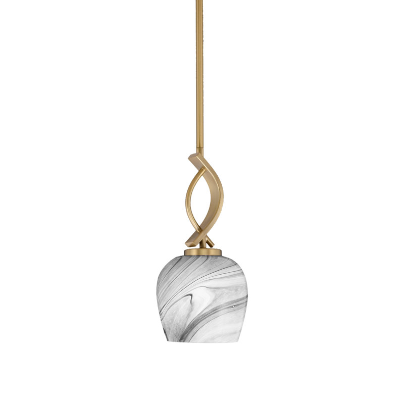 Mini-luminaire suspendu à tige suspendue Mabuchi Cavella, fini laiton nouvel âge avec verre tourbillon onyx de 6 po