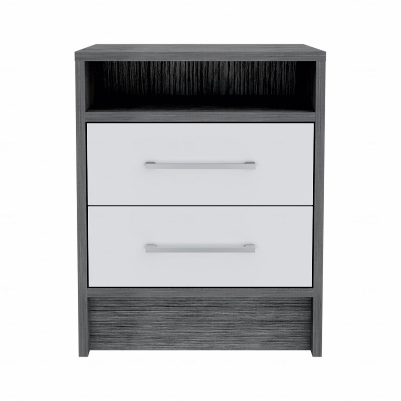 Table de chevet (table de chevet), table de bout, plateau de table d'appoint, deux tiroirs, Gris / Blanc