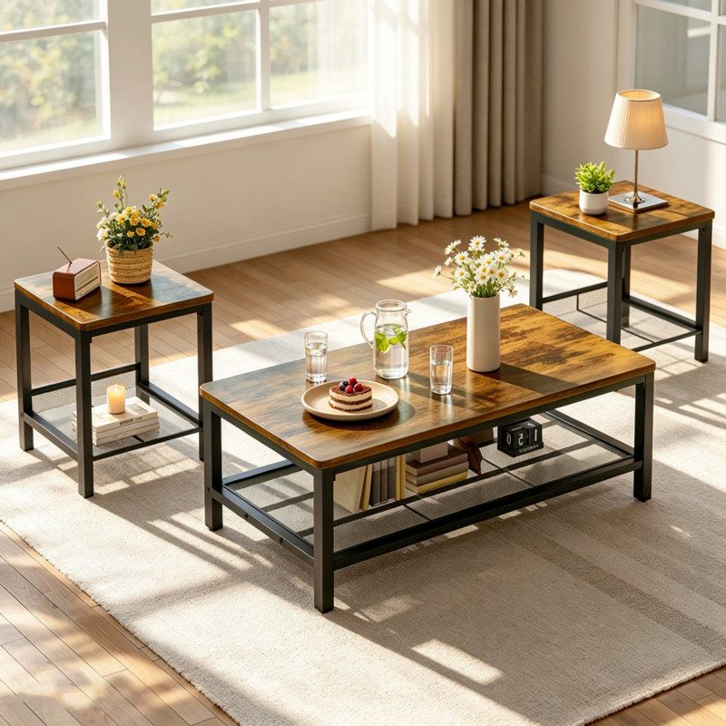Modern Farmhouse Coffee Table Set Of 3, Rectangular Coffee Table With 2 Square End Side Tables, 2-Tier Living Room Table Set With Metal Frame & Open Shelf For Office, Apartment, Home