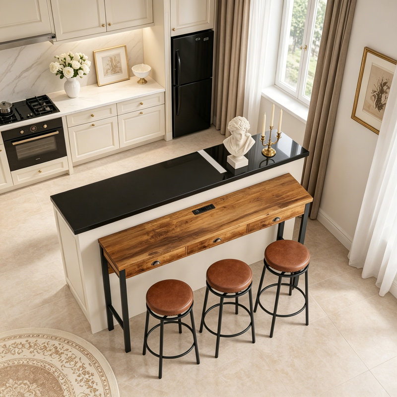 Ensemble de table de salle à manger longue avec 3 tabourets, Brun