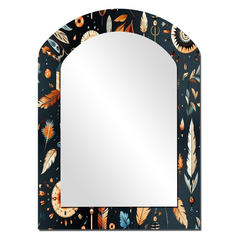 Vintage Nomad Ii Boho Pattern - Boho Arch Decorative Mirror, Bohemian Asymmetrical Wall Mirror, Printed Metal Art, 34" x 25"