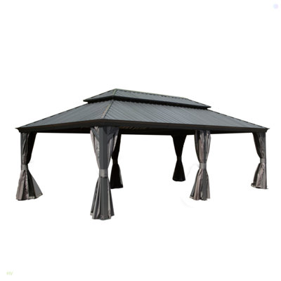 Hardtop Gazebo, Outdoor Gazebo With Galvanized Steel Double Roof, Aluminum Frame, Built-In Gutter System, Curtain And Netting, Metal Gazebo Pavilion For Patio Deck Garden