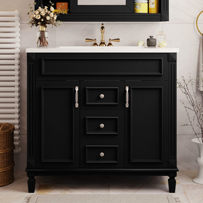36'' Bathroom Cabinet With Sink. Modern, & Practical. 2 Doors, Drawers For Storage. Black Ceramic Basin. Ample Space