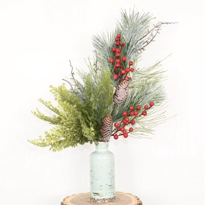 24" Artificial Christmas Day Winter Floral Arrangement Branch, Farmhouse Fern Frosted Pine Needles Red Berries Pine Cones With Long Stem For Party Home Office Table Centerpiece Shelf Decorations