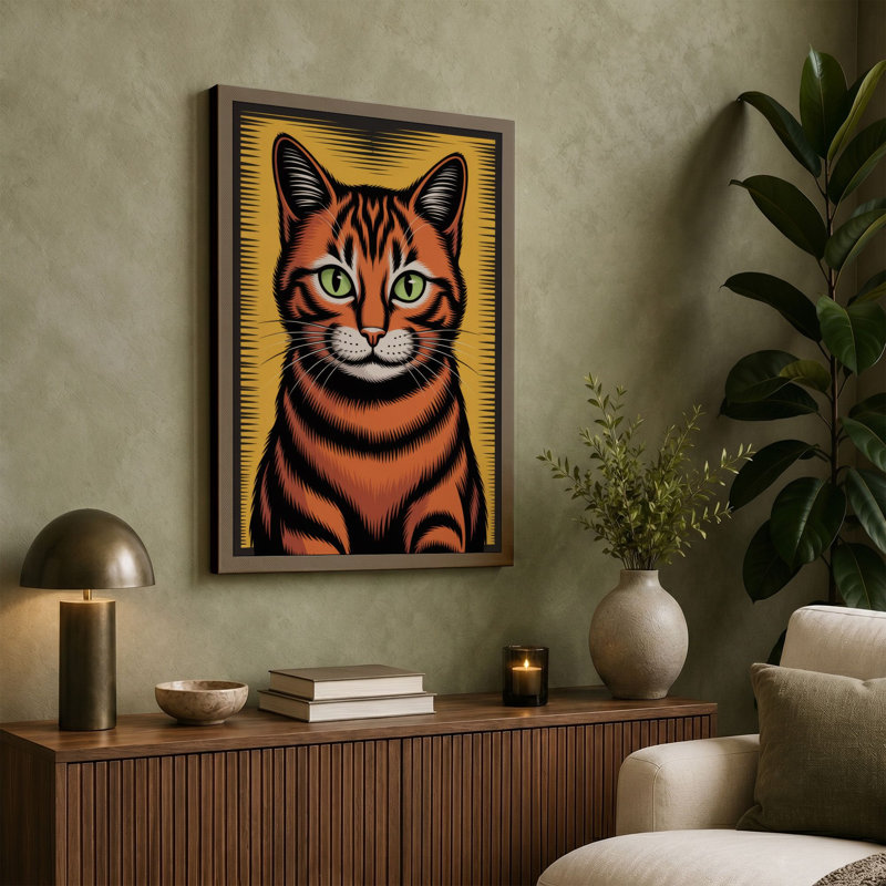 Watchful Tabby Graphic Art - Wrapped Canvas, 36x24 - 91.4 x 61.0 cm, Sage Border