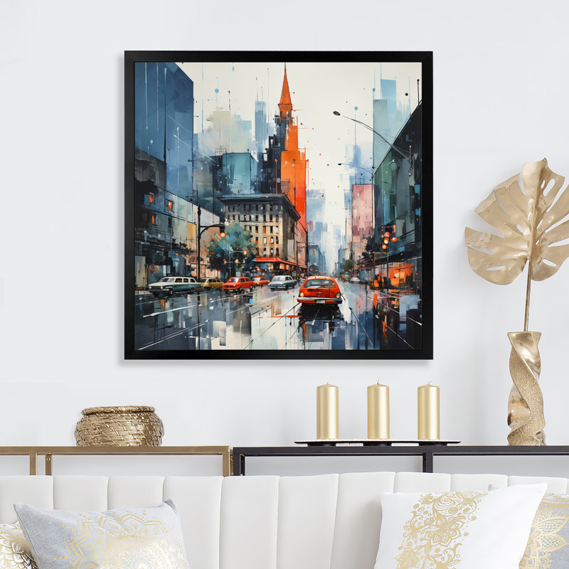 Ameela bleu gris Mid Century Mid-Century Metropolis I - Art abstrait Mid-Century, H 24 po x l 24 po x P 1 po