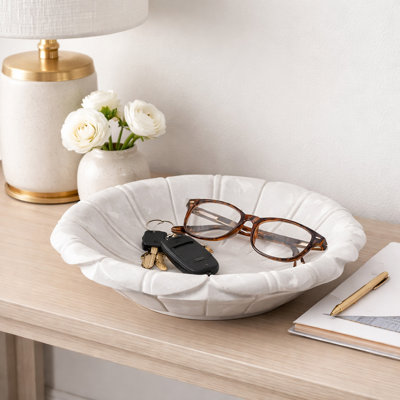 Bol décoratif en marbre en forme de fleur pour la décoration intérieure - Bol décoratif moderne parfait pour les espaces de bureau, la table basse ou le salon - 12 po, blanc et ivoire