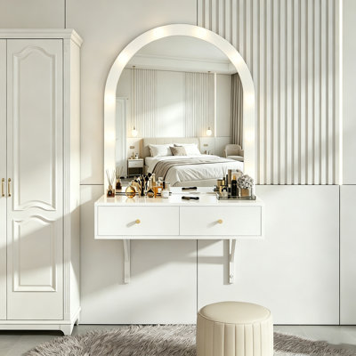 Floating Wall Mounted Makeup Vanity With LED 3-Color Lighted Mirror, Power Outlet & USB, 2 Drawers, Compact Space Saving Dressing Desk, White