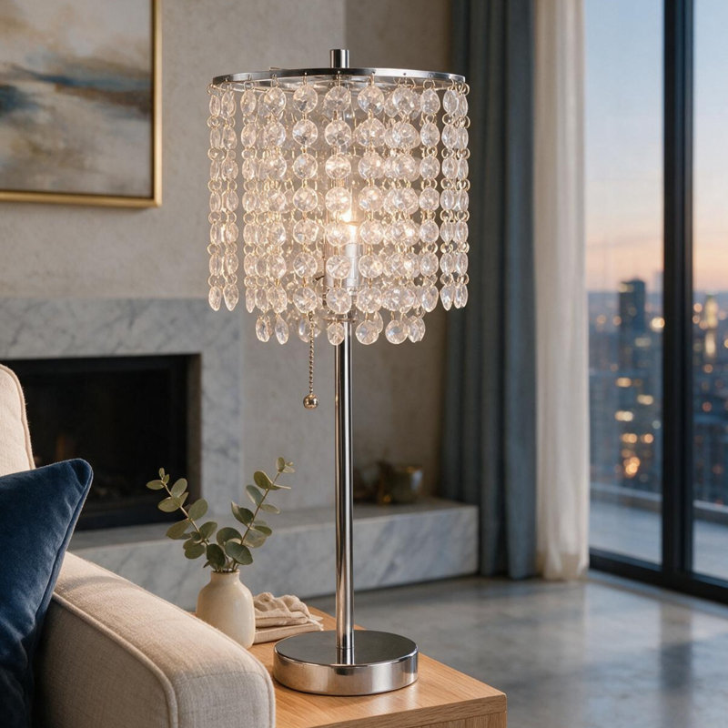 Lampe de table haute 20,25 po en métal avec finition argentée, abat-jour en cristal