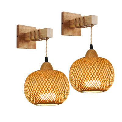 2-Pack Modern Farmhouse Wall Sconce Lantern Fixture Bamboo Lampshade for Living Room Bedroom Hallway