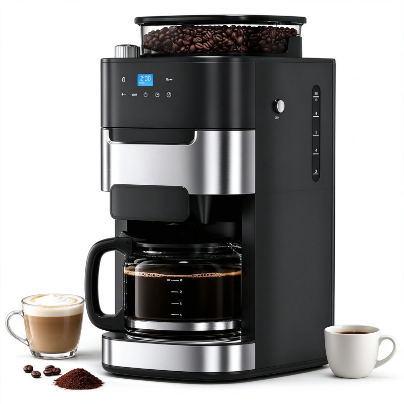 COWSAR 10 Cup Drip Coffee Maker with Built-in Grinder, Grind and Brew Programmable Feature, 220g Bean Hopper, Adjustable Settings, Descaling Alert, Timer, Keep Warm, and LED Touchscreen.