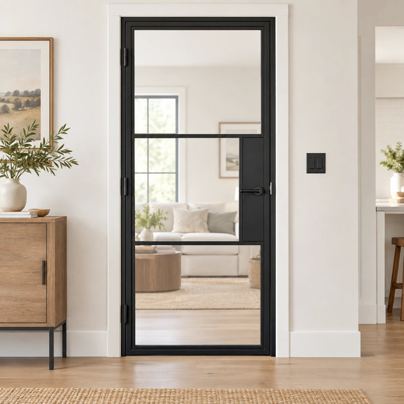 3 Lite Glass Black Steel Frame Prehung Interior Door with Handle Set