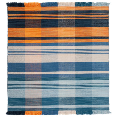 Anjail Flat Weave Wool/Cotton Plaid Rug in Orange/Blue
