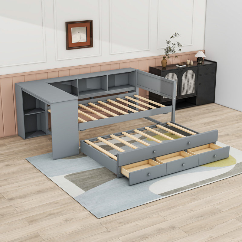 Lit de jour multifonctionnel en bois avec tablettes de rangement intégrées, bureau, tiroirs et lit gigogne simple, Gris