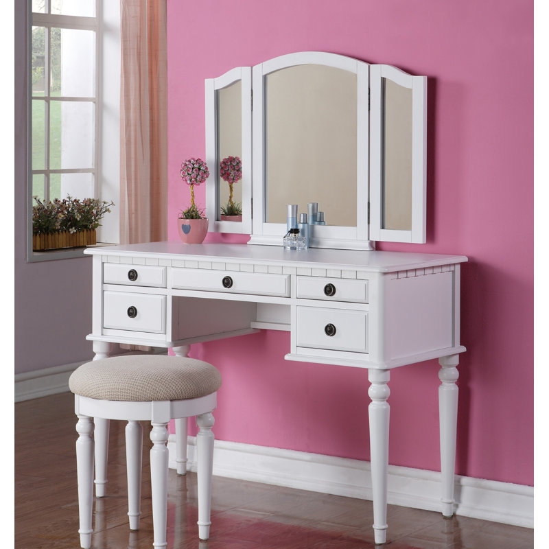 Ensemble de meuble-lavabo contemporain avec miroir pliable, tiroirs de rangement et tabouret rembourré blanc / bois massif + classique + contemporain