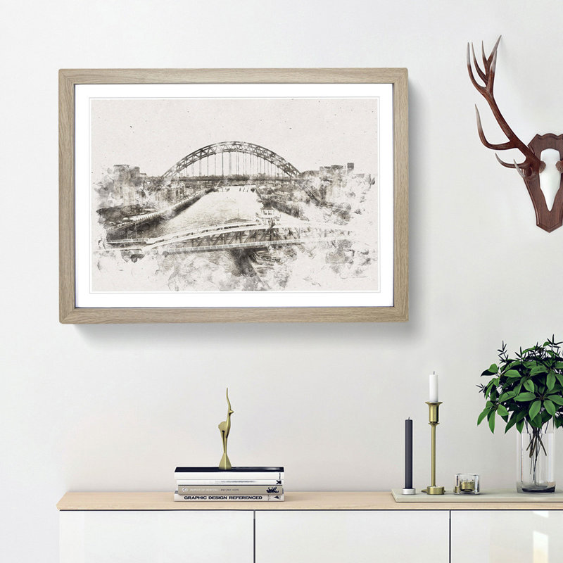 Tyne Bridge Linking Newcastle Watercolour - Framed Print, 35cm H x 50cm W x 2cm D, Oak