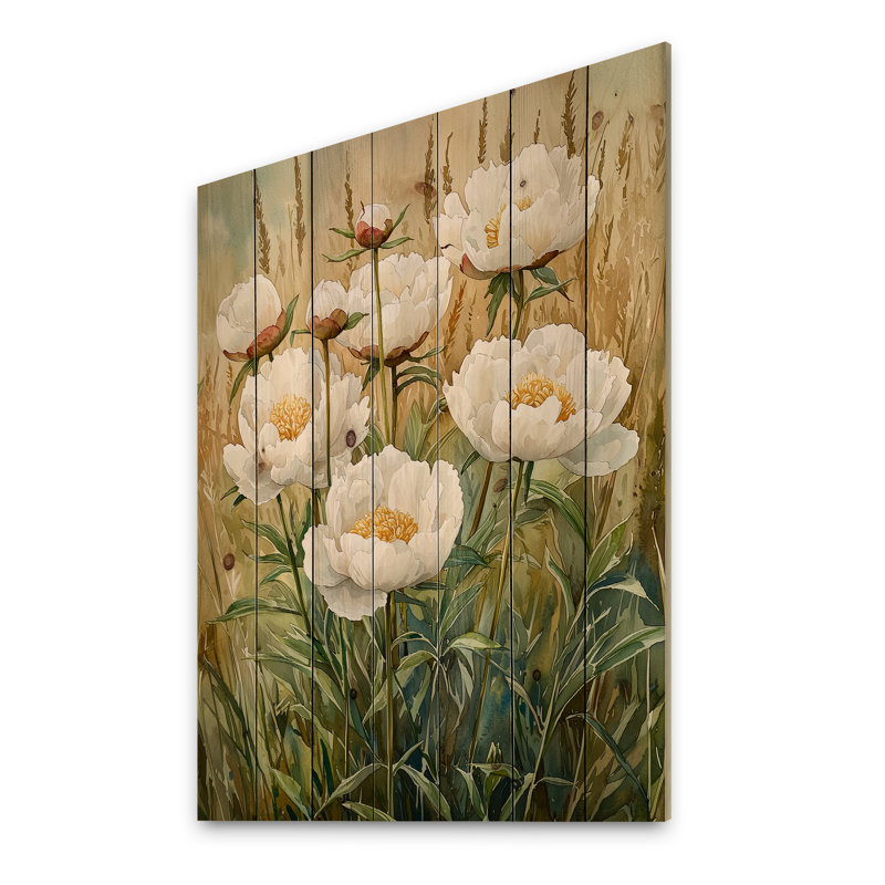 Pivoines dans un champ d'herbe ouverte I - Art mural en bois pivoines - sur bois de pin naturel