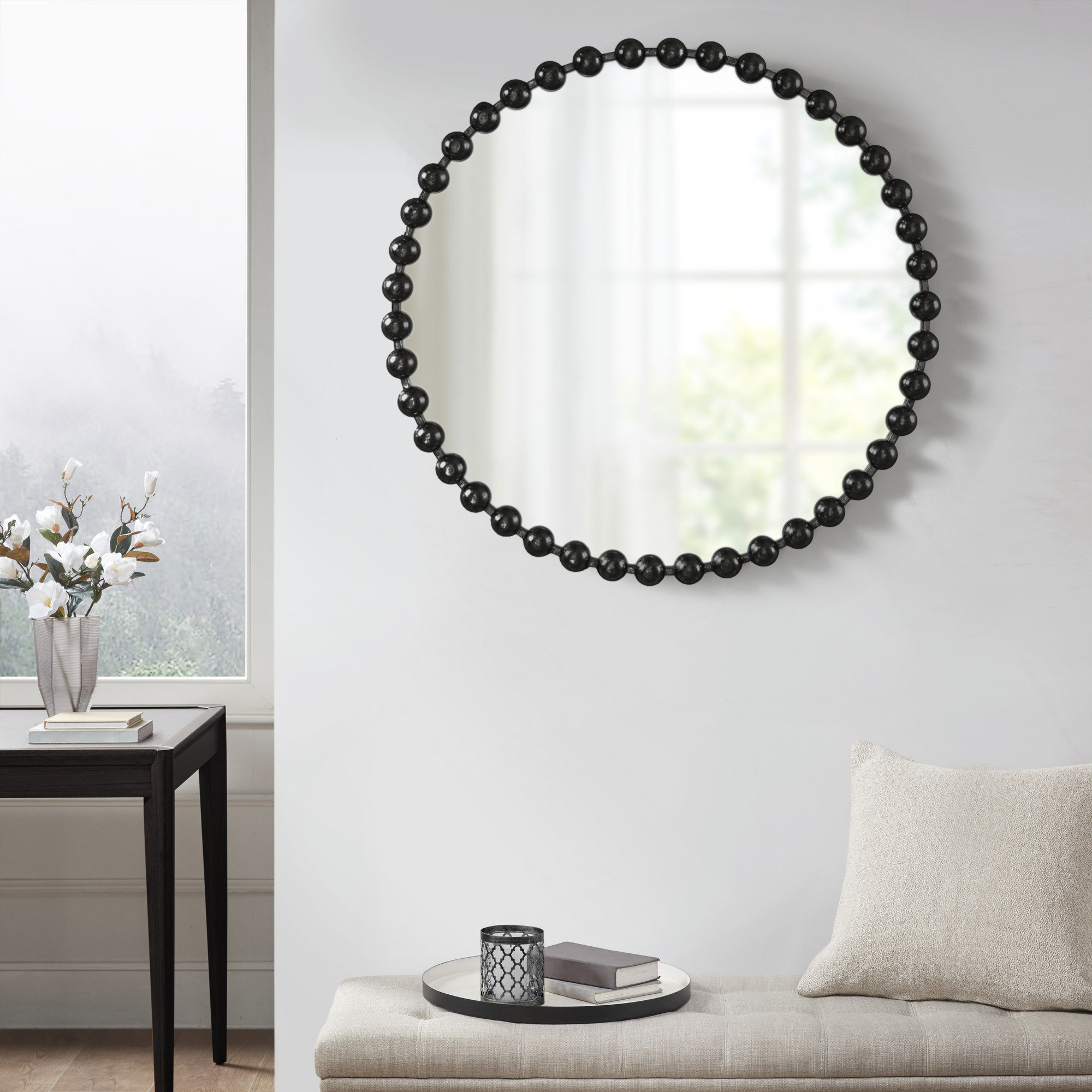 Marlowe Beaded Round Metal Wall Mirror, Black, 36" x 36"