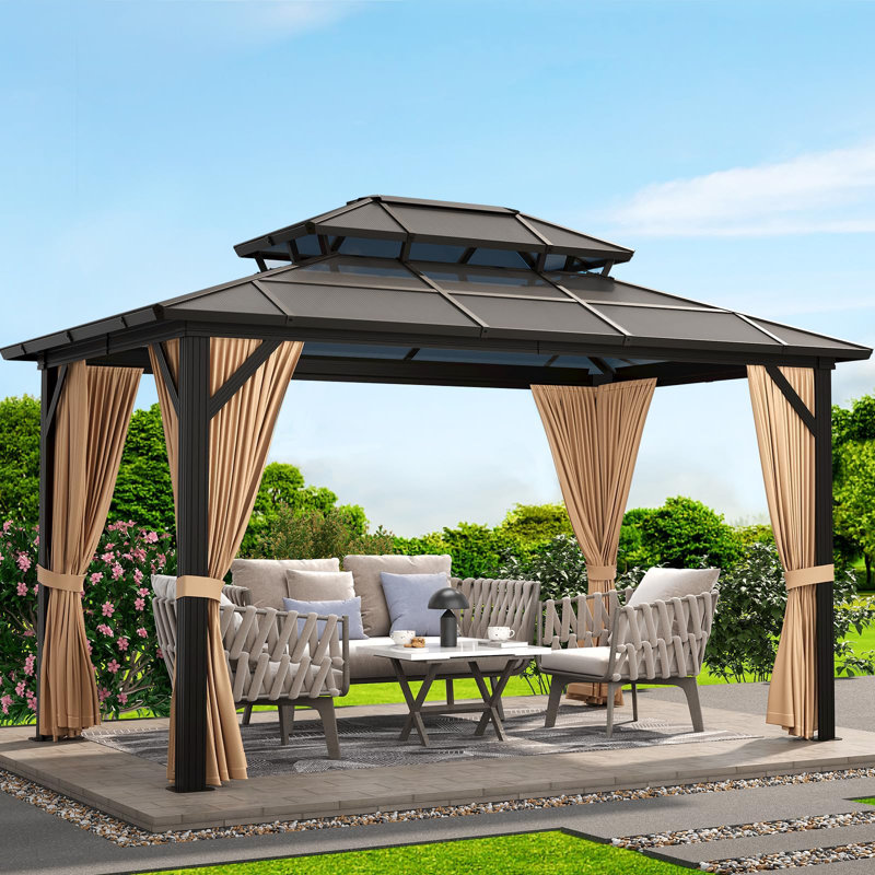 Pavillon de jardin rigide avec toit double en polycarbonate - structure en aluminium, protection contre les rayons UV et rideaux en maille pour patio, jardin, cour arrière