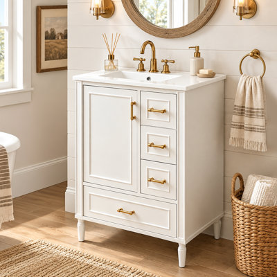 Meuble-lavabo simple autoportant moderne de 61 cm (24 po) avec lavabo en céramique, porte à fermeture amortie, 3 tiroirs de rangement, poignées en métal doré, étagère fixée à la porte, meuble de salle de bain peu encombrant pour petites salles de bain, salle d'eau et salle de bain pour invités