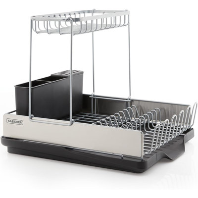 Séchoir à vaisselle à 2 niveaux avec égouttoir et porte-ustensiles, conception compacte et peu encombrante, fils résistants à la rouille pour un séchage efficace