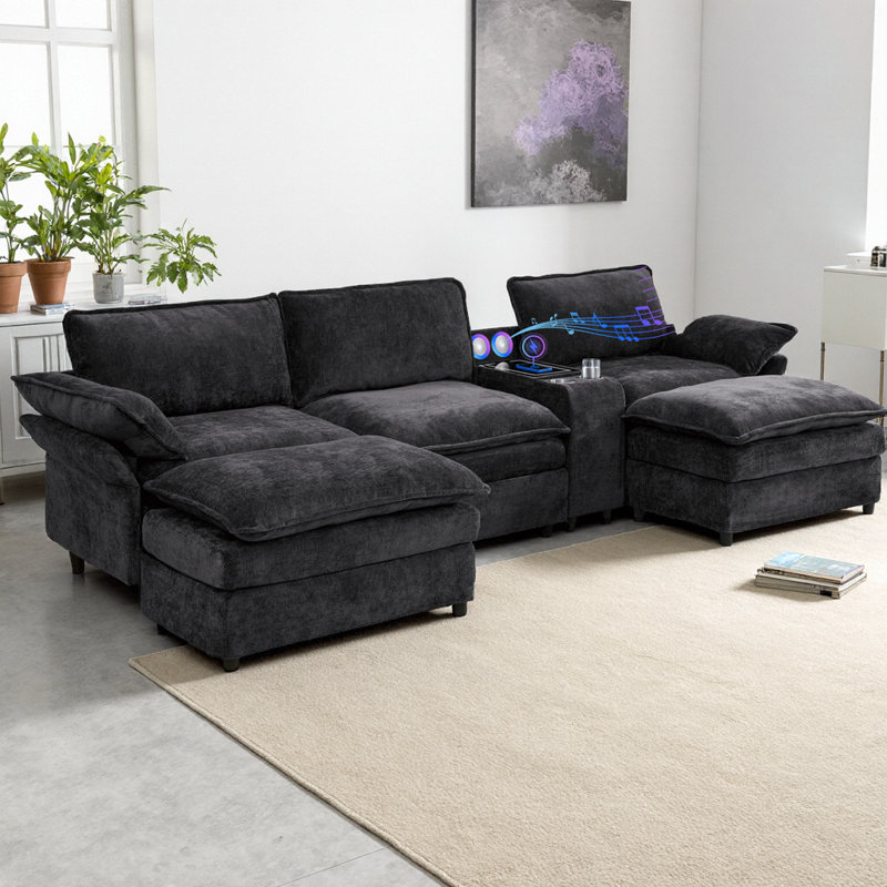 Canapé modulaire en U modulaire avec haut-parleurs Bluetooth et recharge sans fil, canapé en tissu de chenille 5 places avec console de rangement, 2 repose-pieds mobiles, accoudoirs réglables