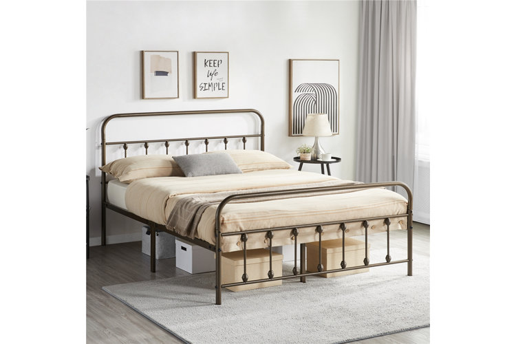tall-clearance iron bed frame with storage bins underneath