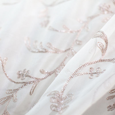 Park Fabric | Floral Embroidered Metallic Sheer Fabric | Color Brass