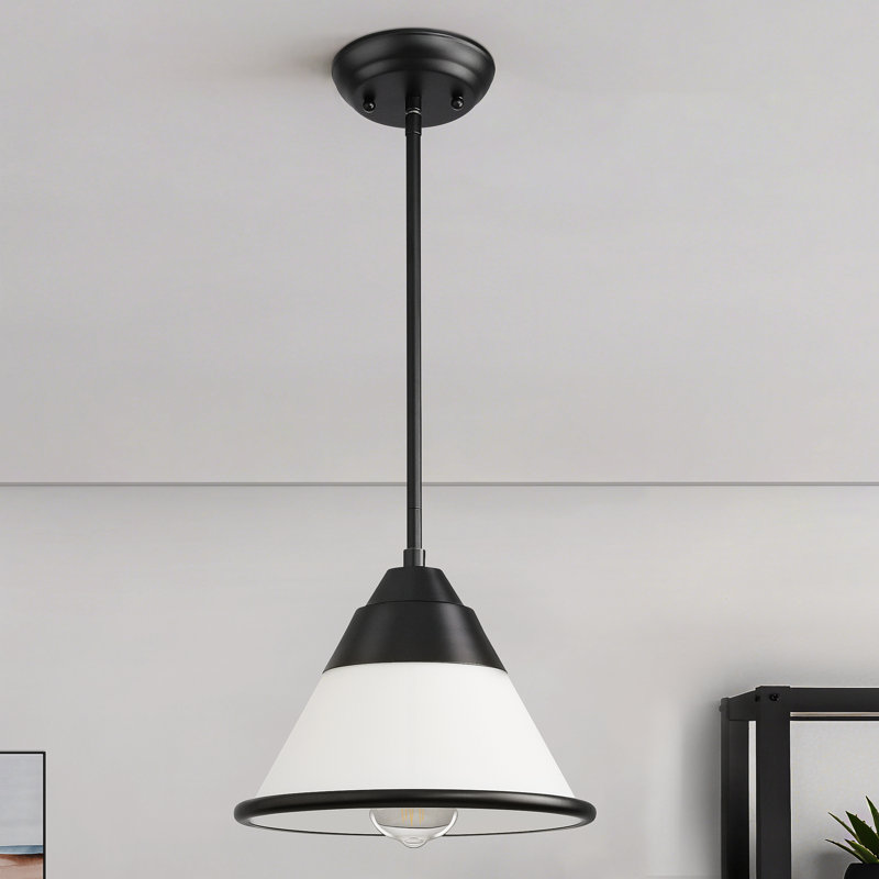 10 in 1-Light Modern Cone Pendant Light With White Frosted Glass Adjustable Height, Matte Black