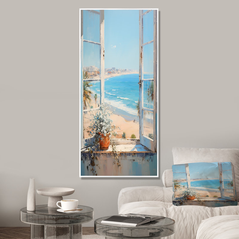 «California Shoreline Window View III - Coastal Windows», art mural, Cadre flottant blanc, H 44 po x l 34 po