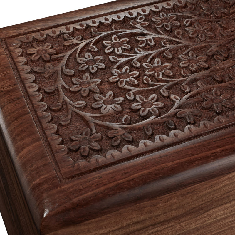 Medium Polished Rosewood Hand-Carved Floral Storage Box