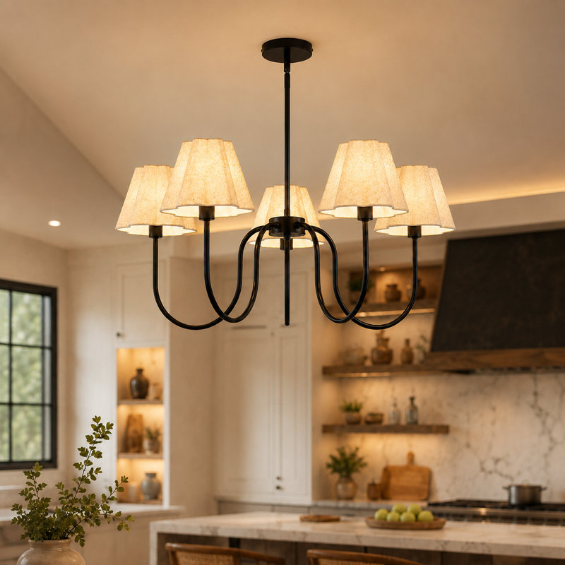Lustre 5 lumières à intensité variable avec abat-jour en tissu Boho, Noir mat