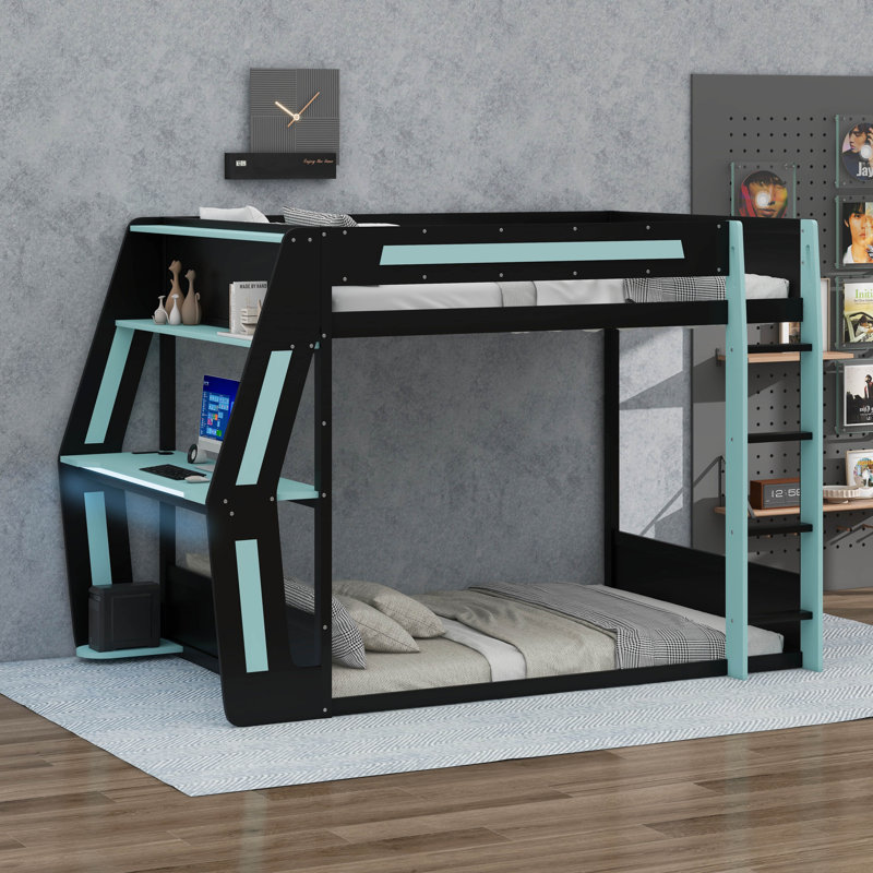 Lit superposé double avec bureau, lumière DEL et station de charge USB, structure de lit mezzanine en bois avec 2 tablettes de rangement