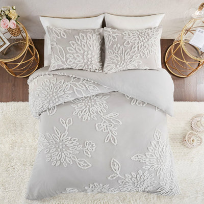 3 Piece King/ King Cotton Chenille Duvet Cover - Warm Grey With Floral Pattern Bedroom Base Flower Decoration