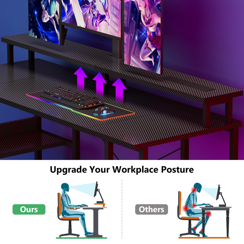 140 X 50 Cm Gaming Table With Dual Monitor Stand, Storage Shelves And Power Sockets, Black (Carbon Fiber)
