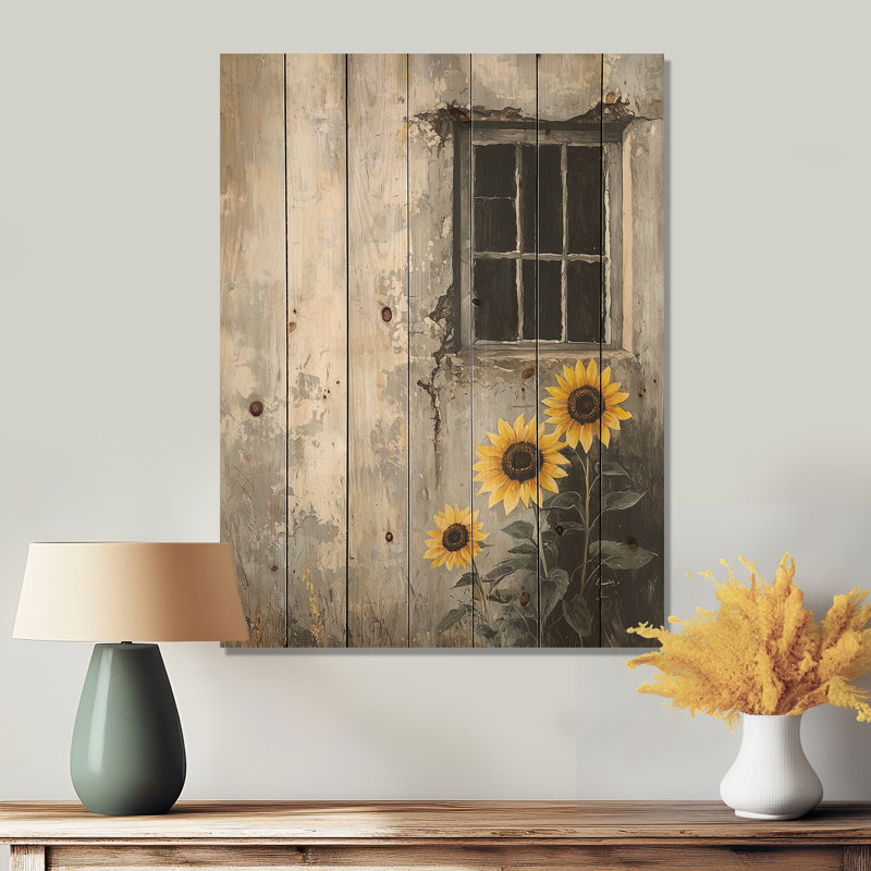 Countryside Sunflowers And The Barn Windows I - Sunflowers Wood Wall Decor - On Natural Pine Wood, 40" H x 30" W x 0.78" D
