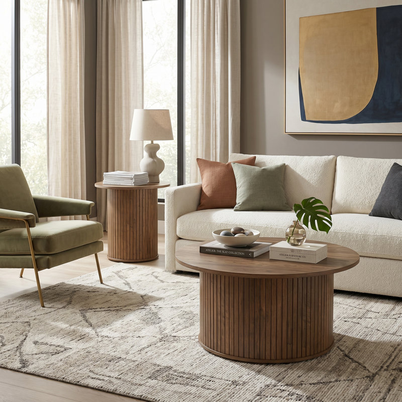 Aurel Fluted 2 Piece Living Room Round Coffee Table & End Table (Set), Brown