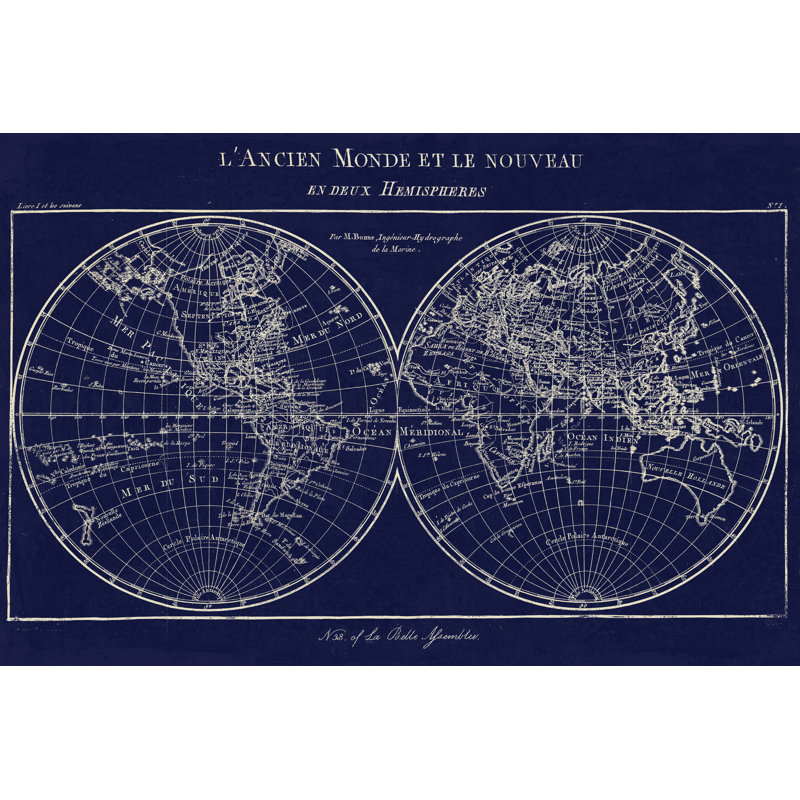 Map Of The World Indigo by Sue Schlabach - Wrapped Canvas Print, 20cm H x 30cm W