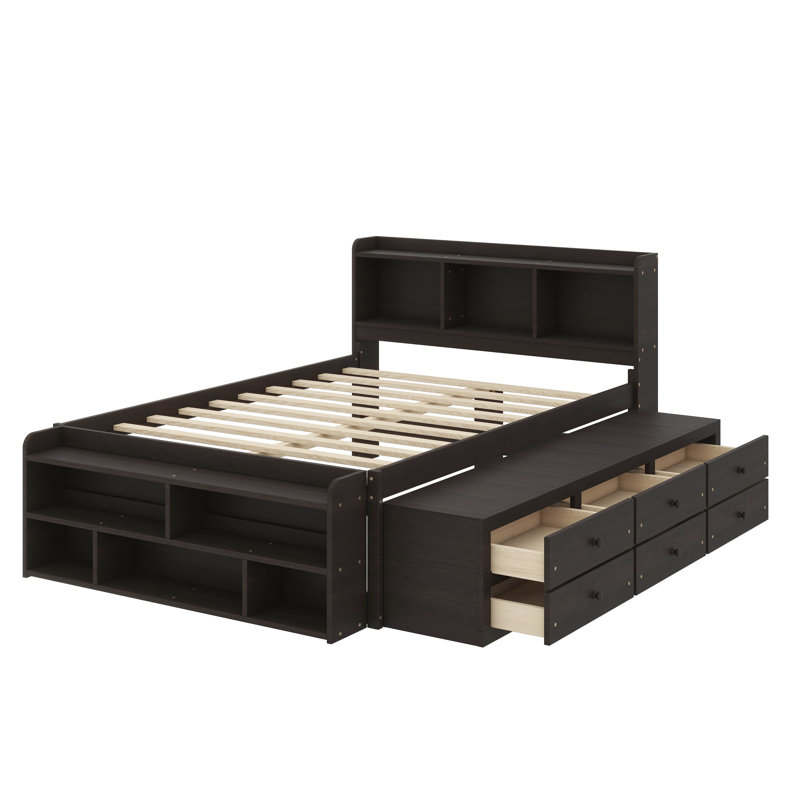 Lit double avec tête de lit bibliothèque intégrée, tiroirs et rangement au bout du lit, Espresso