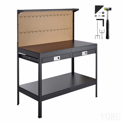 Hardwood Workbench, 242.5 Lbs Weight Capacity, 47.2-Inch Heavy Duty Workbench With Pegboard, 4 Ac Outlets & 2 Usb Ports, 4.9 Ft Cable & 30 Hooks, Garage Work Bench With Drawer For Workshop