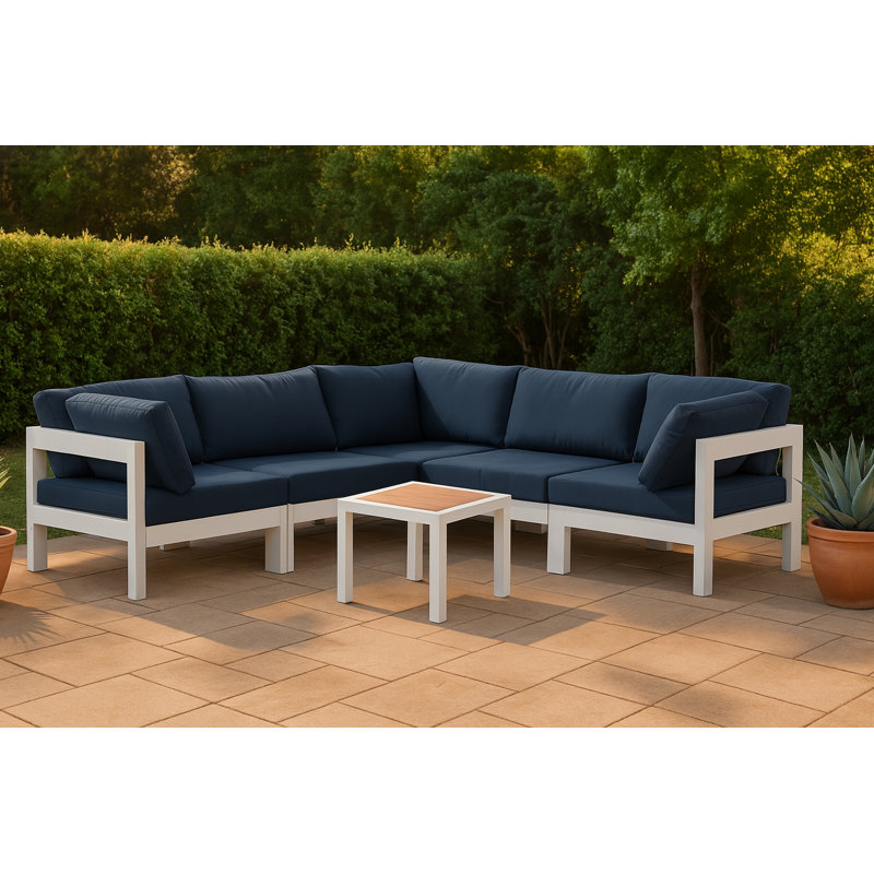 Lareen 90'' Wide Patio Sectional with Cushions, White, Navy