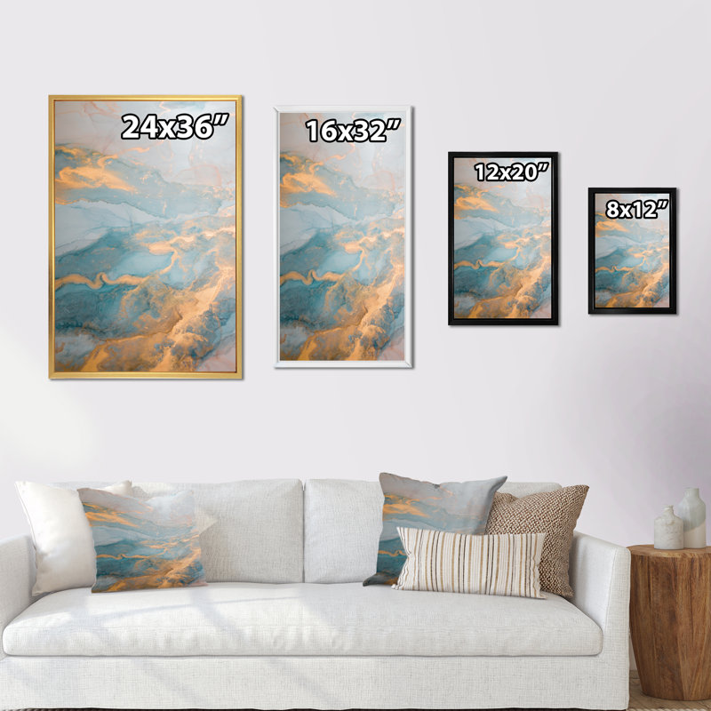 Luxe luxueux or marbré turquoise - peinture, H 36 po x l 24 po, Cadre flottant blanc