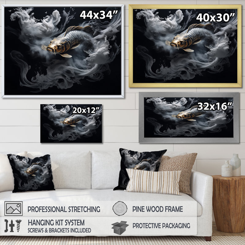 «Jamarques Gray Kois Fish Mystical Elegance», reproduction, H 34 po x l 44 po x P 1,5 po, Cadre flottant doré