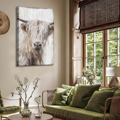 1Pcs Highland Cow Wall Art Farmhouse Cow Canvas Wall Decor Picture Wildlife Painting Vintage Highland Cattle Print Artwork For Living Room Office Kitchen Bathroom Home Decoration