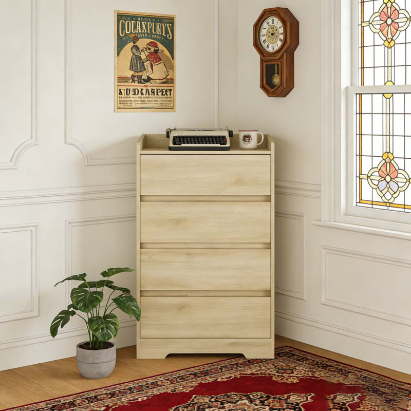 Commode 4 tiroirs, commode sans poignée, Beige